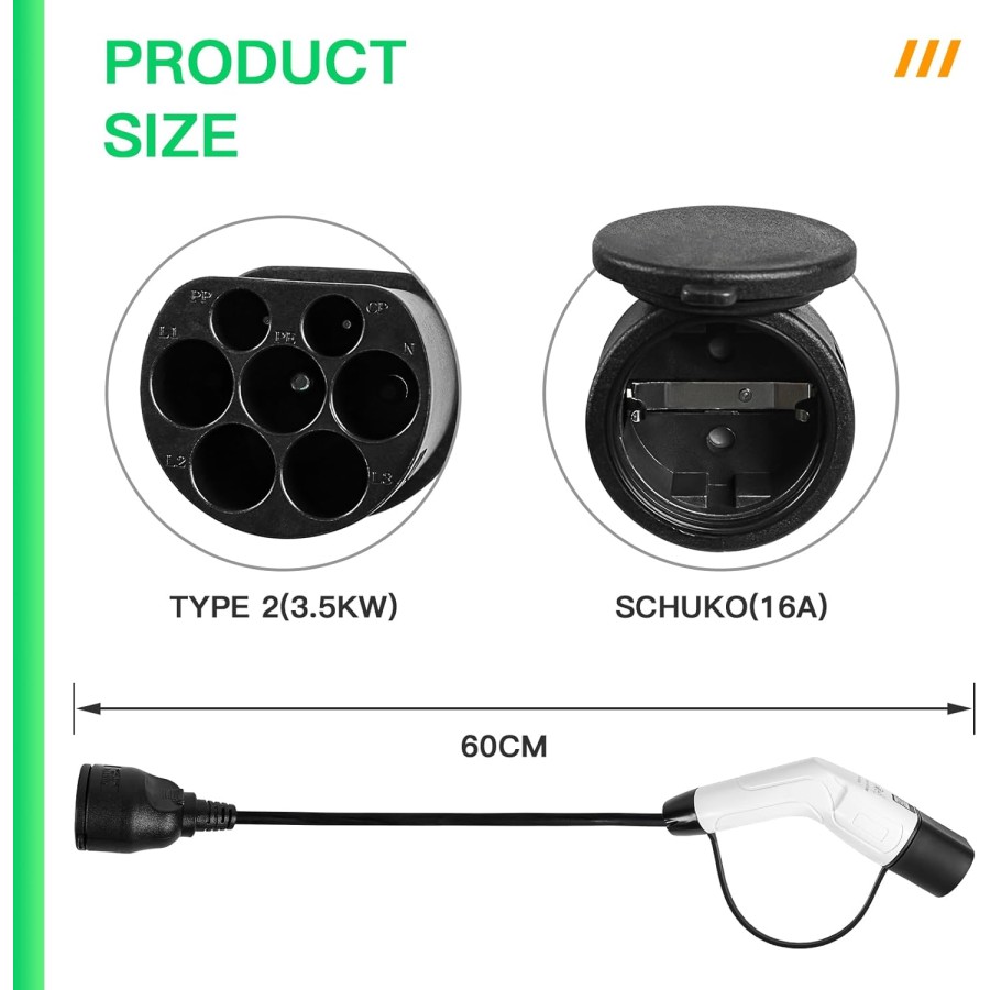 Electric Car Type 2 Schuko Charger Adapter